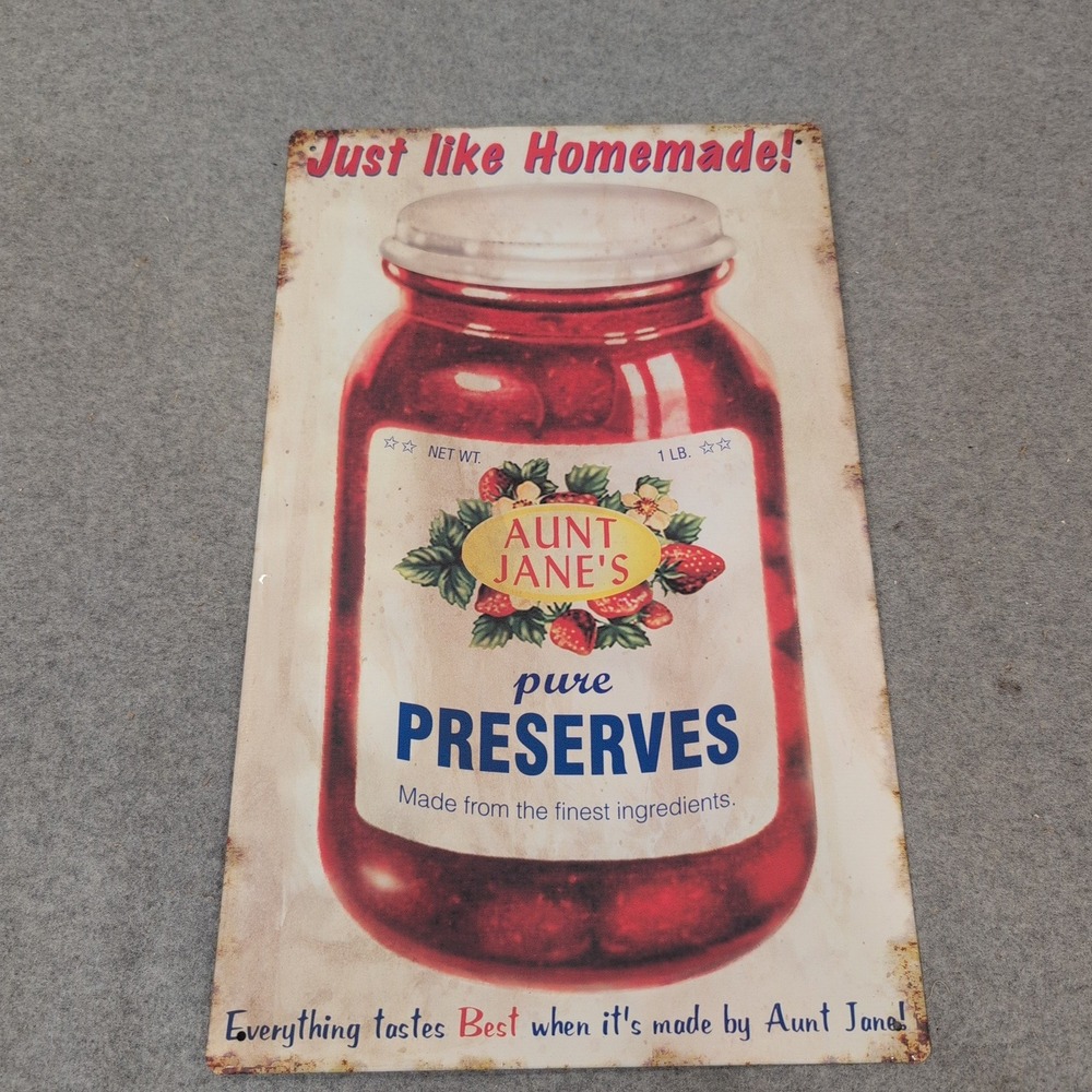 Aunt Janes Pure Preserves Vintage Style Metal Tin Sign Retro Kitchen Wall Decor - Picture 1 of 3